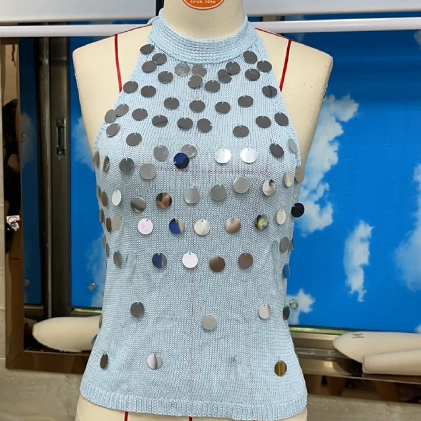 Solid Color Halter Neck Vest for Women Summer Sleeveless Open Back Slim Fit Shiny Sequins Tank Tops Party Going Out Tops