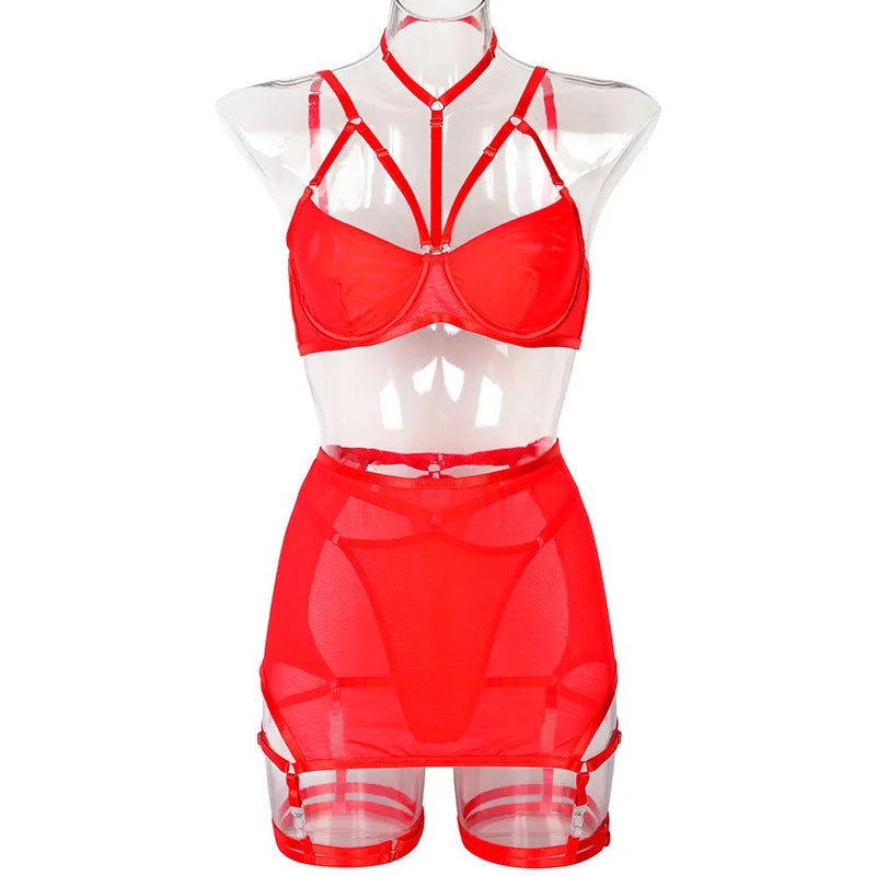 Toucheart Trendy Lingerie 4 Pieces Set Exotic Sexy Bra Eroctic Garter Underwear Set Women's Mesh See-through Luxury Underwear