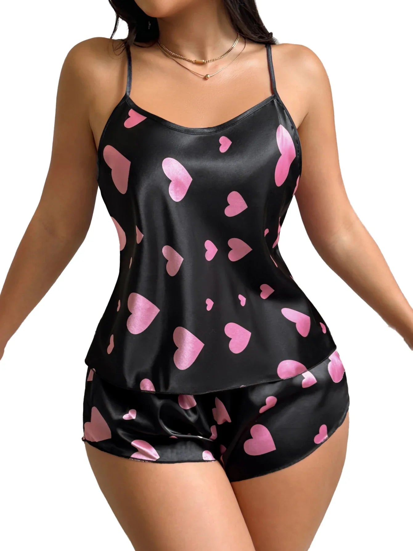 2PCS Women's Heart Print Sleepwear Set Round neck Cami Top and Shorts Summer Nightwear Loungewear for Home