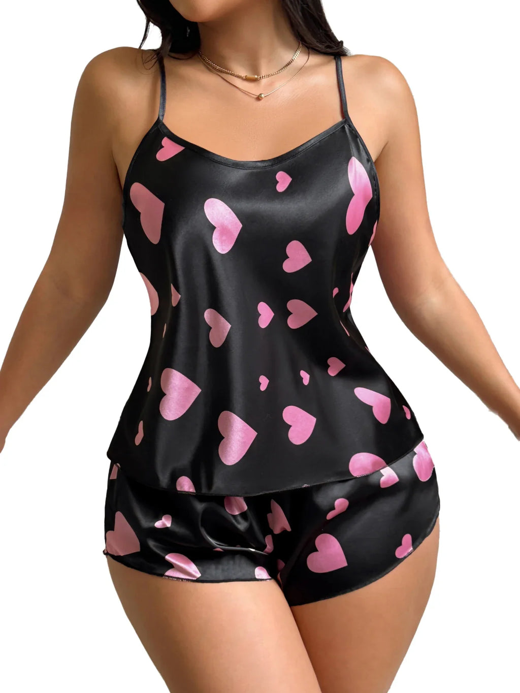 2PCS Women's Heart Print Sleepwear Set Round neck Cami Top and Shorts Summer Nightwear Loungewear for Home