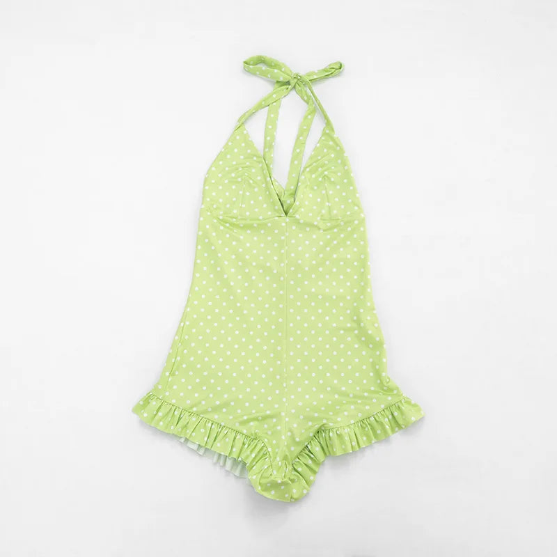 Women Halter Shorts Jumpsuits Summer Polka Dot Print V-Neck Backless Bodysuits Casual Sleeveless Rompers Club Streetwear