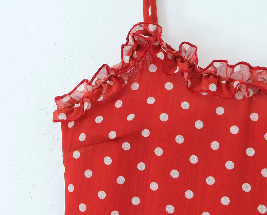 Foridol Polka Dot Printed Vintage Red Summer Dress Women Sleeveless Strappy Midi Boho Vestidos Spring Straight Beach Sundress