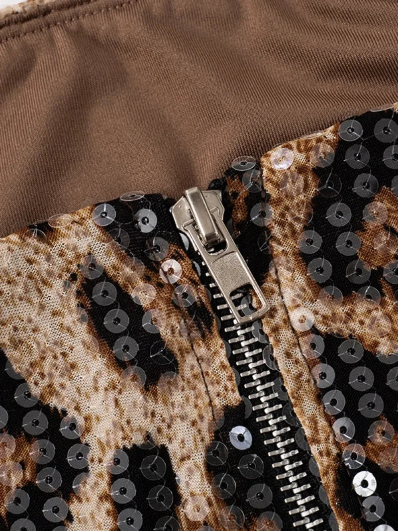 Sexy Chic Leopard Printed Corset Tops Women's Fashion Skinny Zip-up Sequins Crop Tops Strapless Night Club Outfit Streetwear