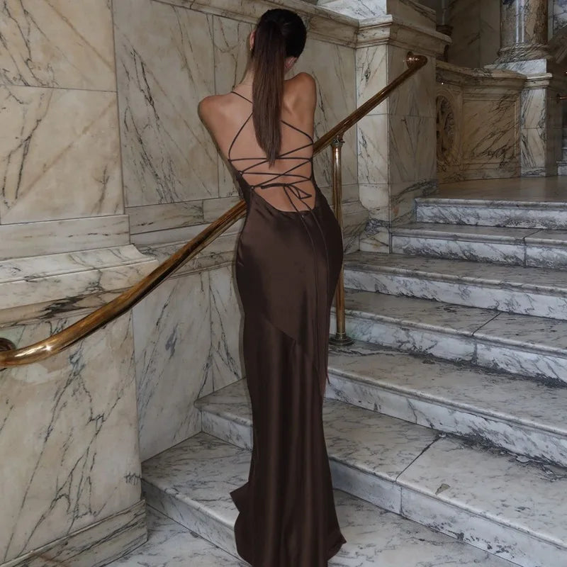FDYOUI Women's Bandage Long Maxi Satin Dress Black 2026 Sexy Spaghetti Strap Slash Neck Backless Lace-up Party Evening Dresses