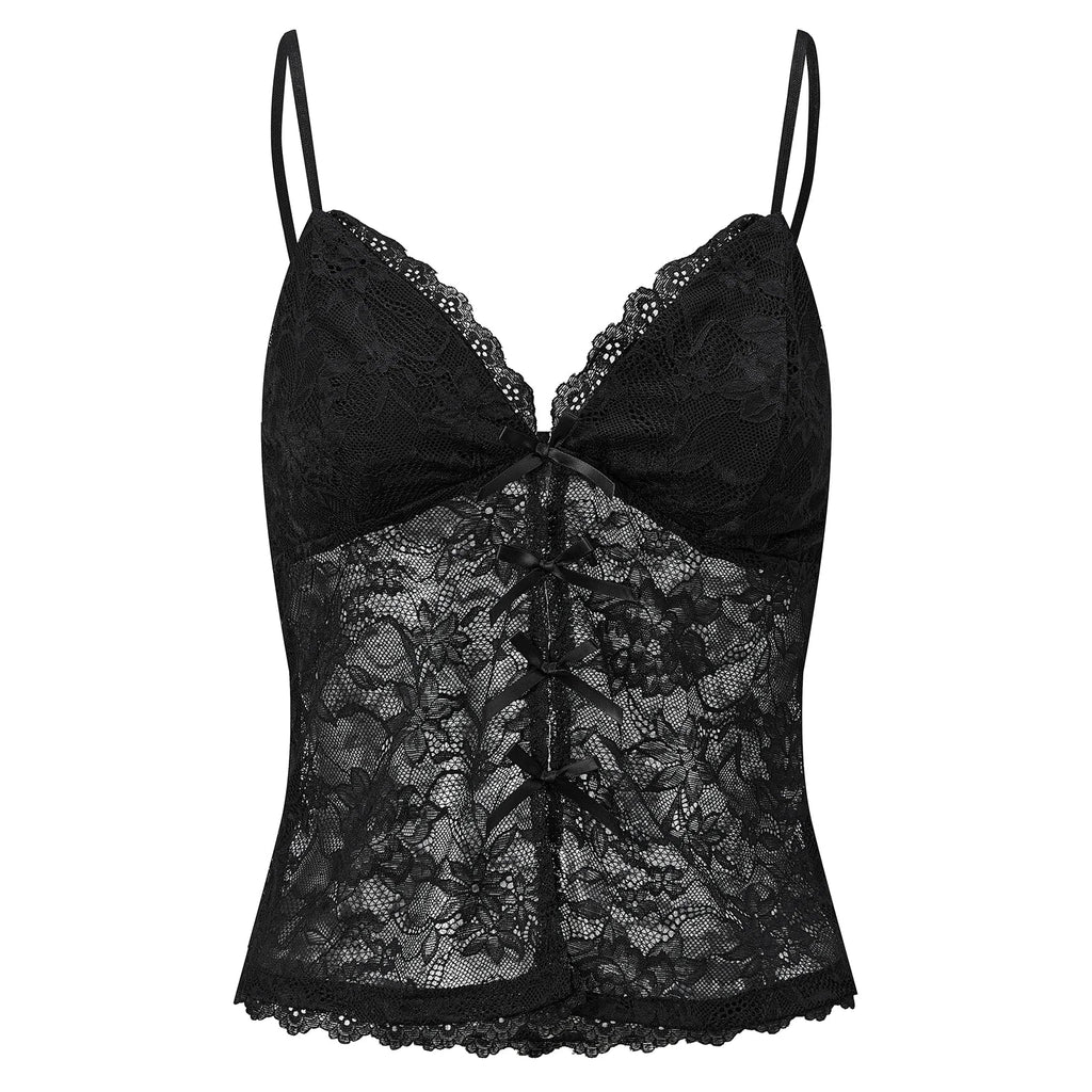 2026 Summer Women Vest Split-Front Bows Spaghetti Strap Lace Tank Tops Sleeveless Camisole Out Going Retro Streetwear