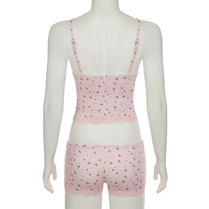 Cute Pink Floral Lace Patchwork Two-piece Pajamas Set for Women Sleepwear Sleeveless Camisoles and Slim Shorts Loungewear