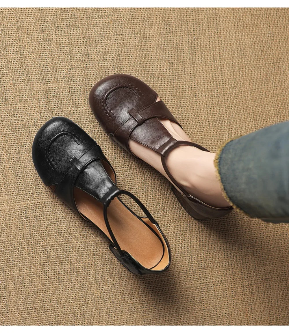 French Slip-on Single Shoes Retro British Shoes for Women Brown T-Strap Shallow Flat Sandals Soft Leather Rome  Summer New 32-43