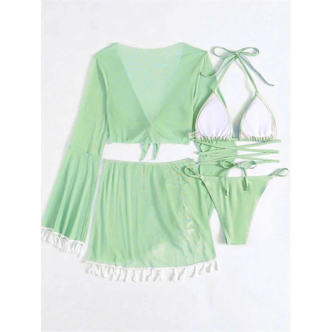 S - XL With Tassel Skirt Long Sleeve Bikini Women Swimwear Female Swimsuit Four-pieces Bikini set Bather Bathing Suit Swim V7060