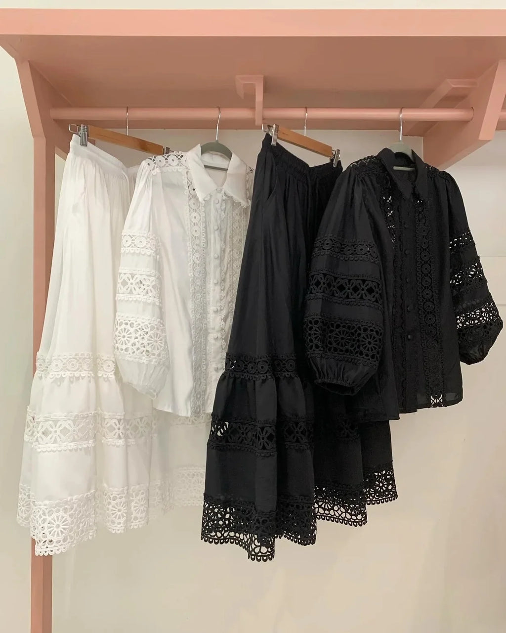 2026 French Retro Heavy Shirt Skirt Hollow Lace Balloon Sleeve Shirt + High Waist Belted Skirt Fashion Suit for Women