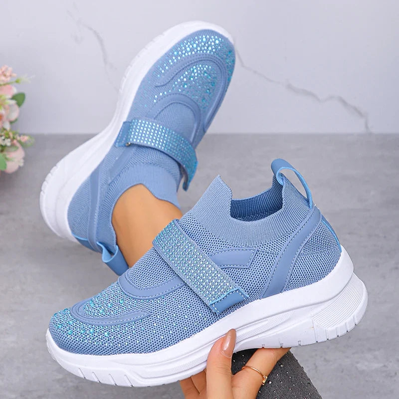 Shiny Crystal White Platform Sneakers Women Comfort Knitted Breathable Walking Shoes Woman Casual Non-Slip Sport Shoes Ladies