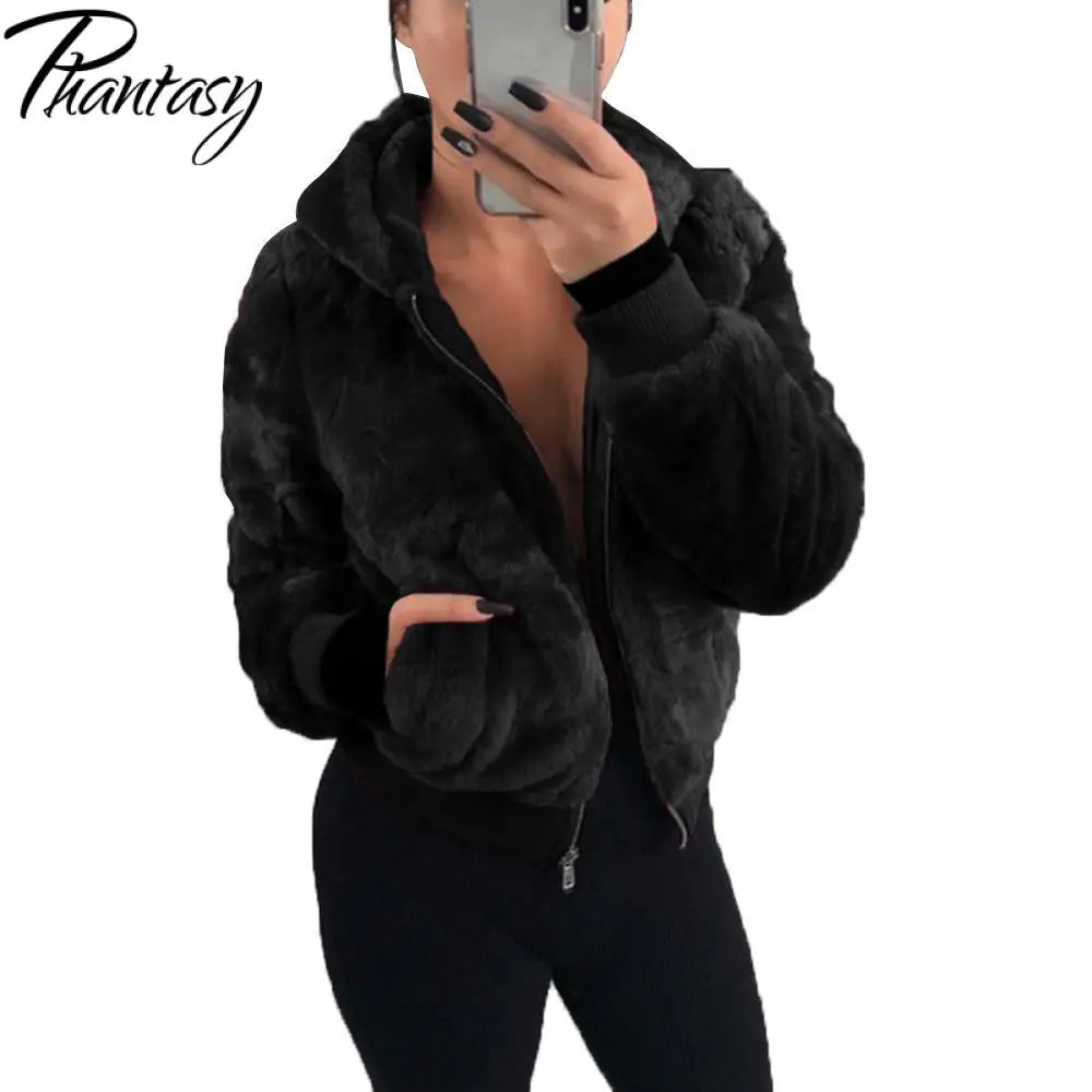Phantasy Women's Hoodies Women Clothing Streetwear New Style Fashion Hooded Imitation Fur Plush Coat Solid Color Jacket Female