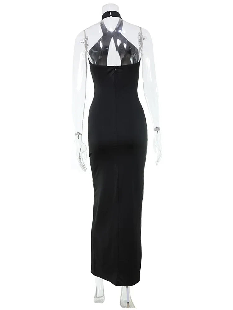 Ahagaga Sexy Halter Women's Maxi Dresses Solid Hollow Out Sheath High Split Party Backless Elegant Tight Fitting Hip Hugging