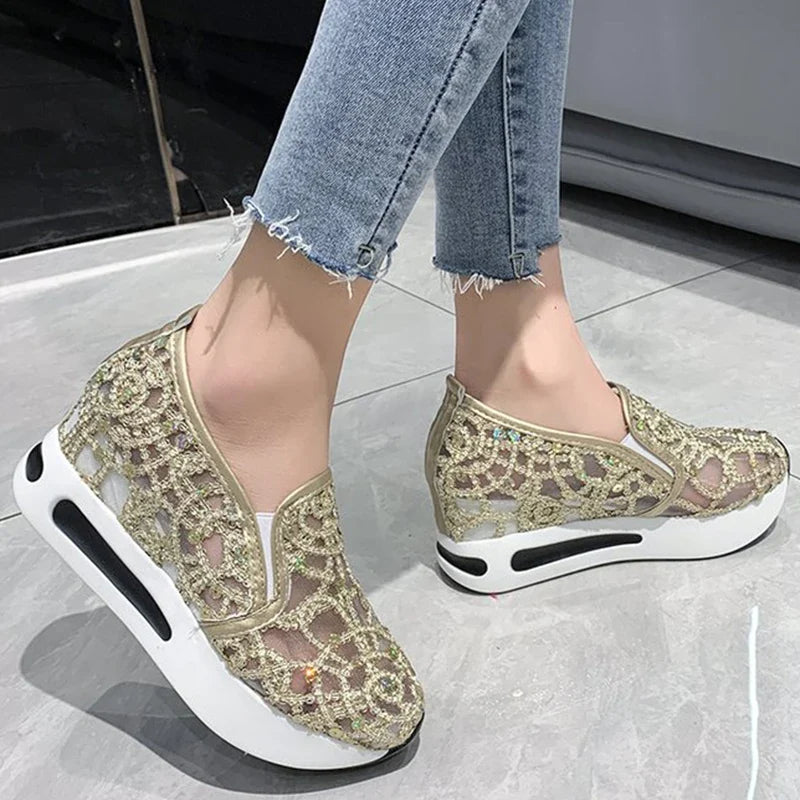Spring Autumn Luxury Crystal Sneakers Women Breathable Mesh Sports Shoes for Woman Retro Low Top Platform Vulcanize Shoes Lady