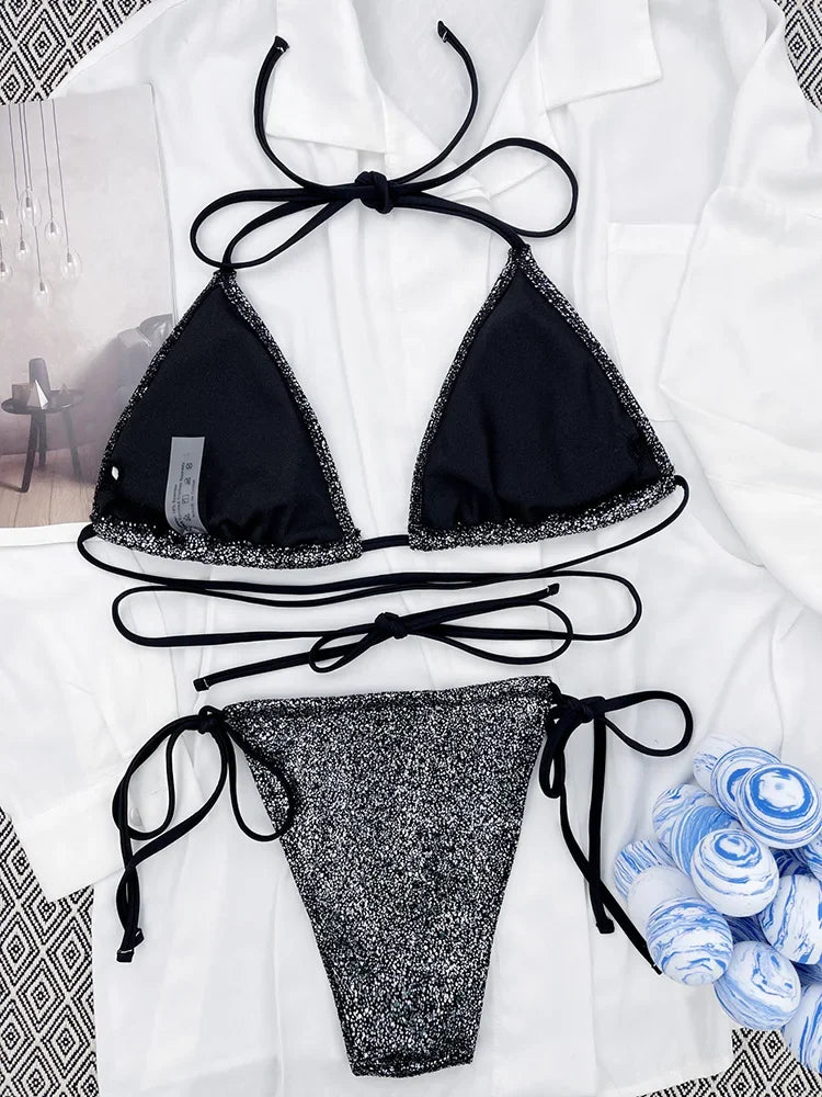 Shiny Sparkling Wrap Around Bikini Female Swimsuit Women Swimwear Two-pieces Bikini Set Mini Micro Thong Bathing Suit Swim Lady