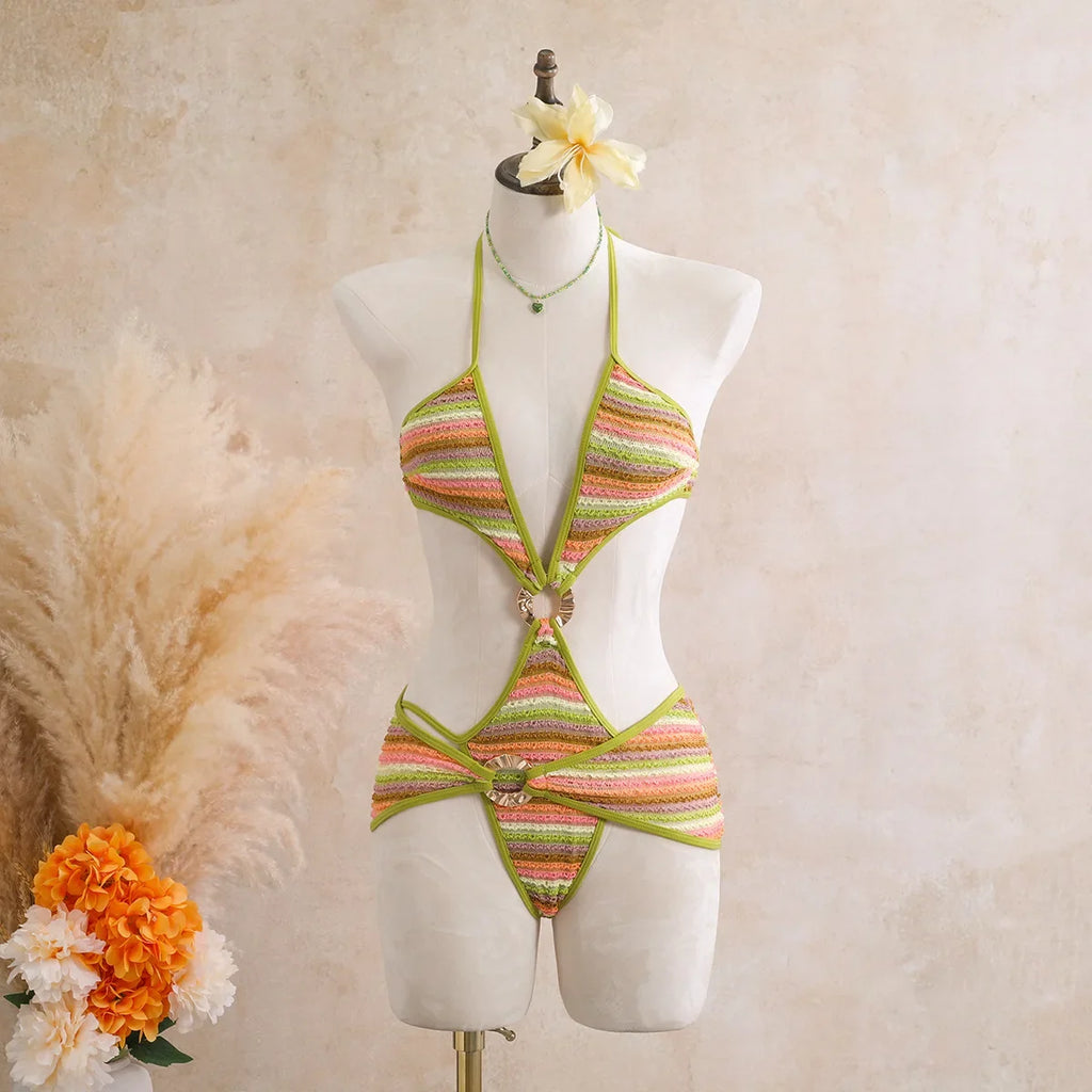 Sexy Black Stripe Knitted One Piece Swimwear Skirts Sets 2026 Women Metal Circle Hollow Out Backless Bathing Suit Thong Swimsuit