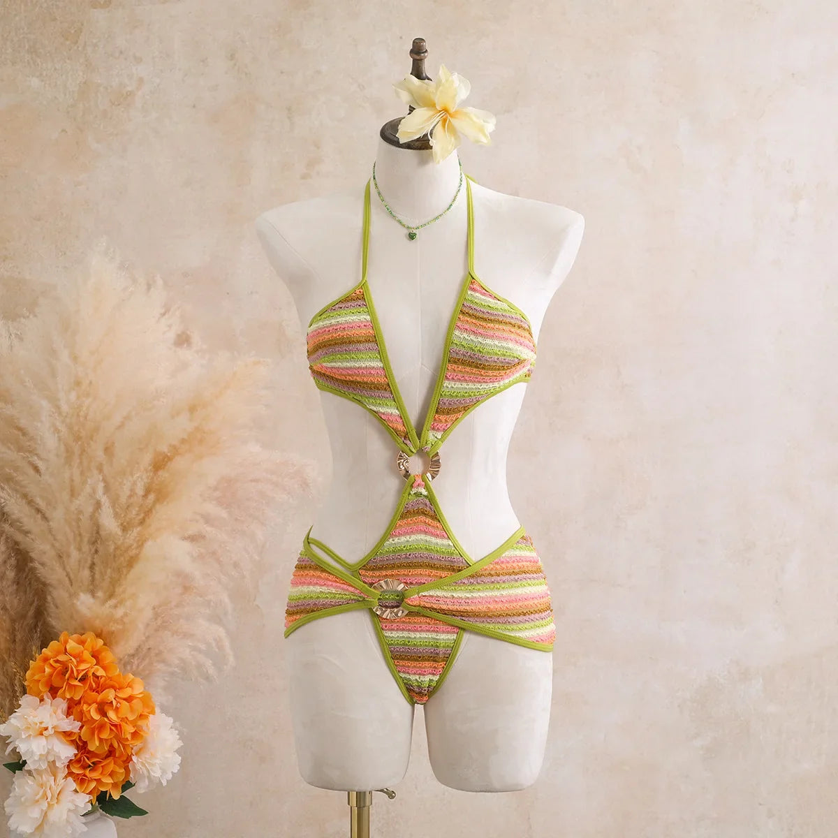 Sexy Black Stripe Knitted One Piece Swimwear Skirts Sets 2026 Women Metal Circle Hollow Out Backless Bathing Suit Thong Swimsuit