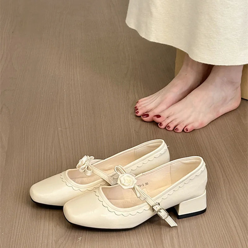 2026 Floral Rose Women Mary Jane Shoes Fashion Buckle Strap Thick Heel Shoes Ladies Elegant Daily Wedding Leather Dress Pumps
