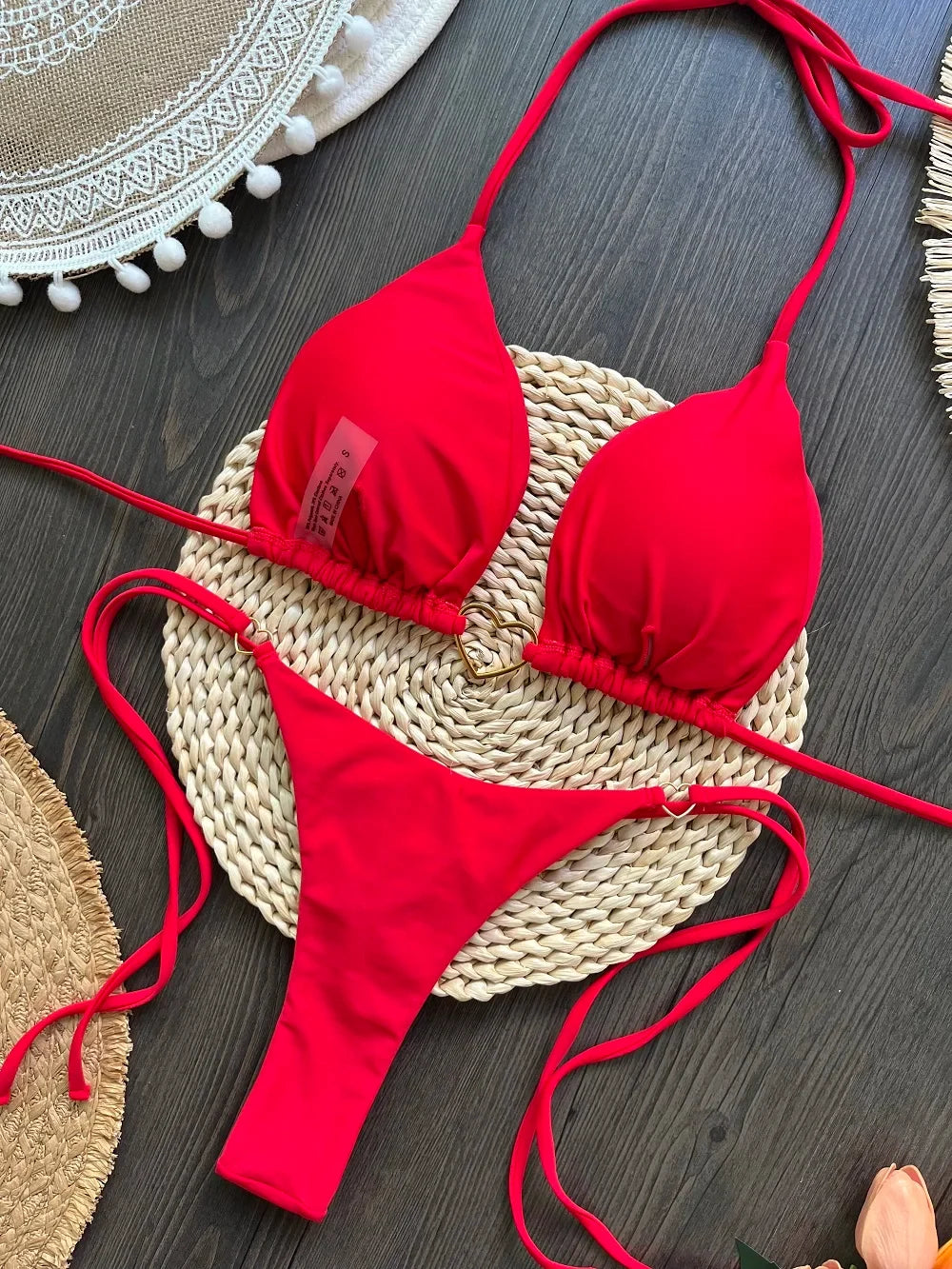 Women's Solid Color Sexy Bikini Set 2-piece Split Beach Swimsuit Red