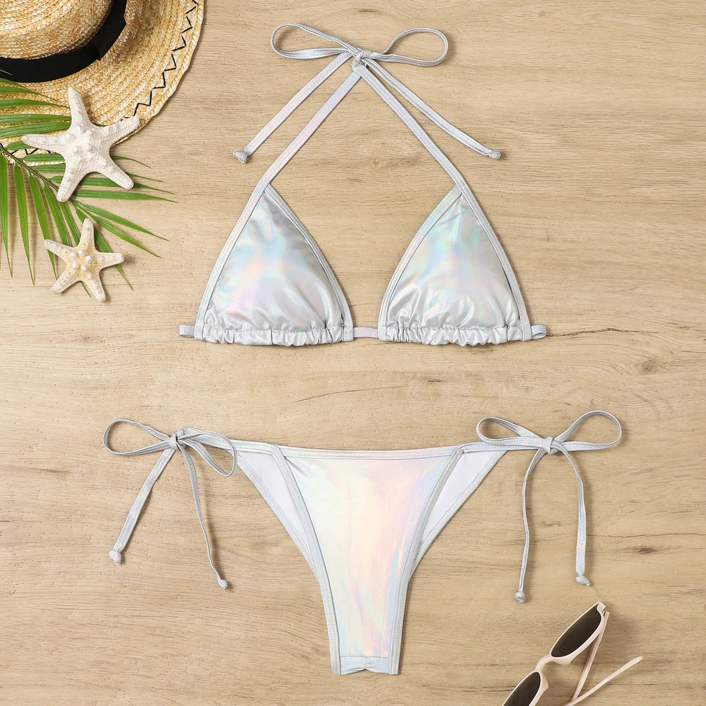 Shiny Swimwear Women Halter Bathers Bling Sequin Bikini Set Cut Out Push Up Padded Bathing Suit Thong Swimwear Glitter Biquini