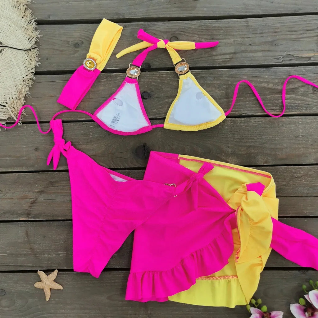 Sexy Skirt 4 Pieces Bikini Set Women Luxury Blue Patchwork Rhinestone Push Up Cover Up Swimsuit 2024 Beach Bathing Suit Swimwear