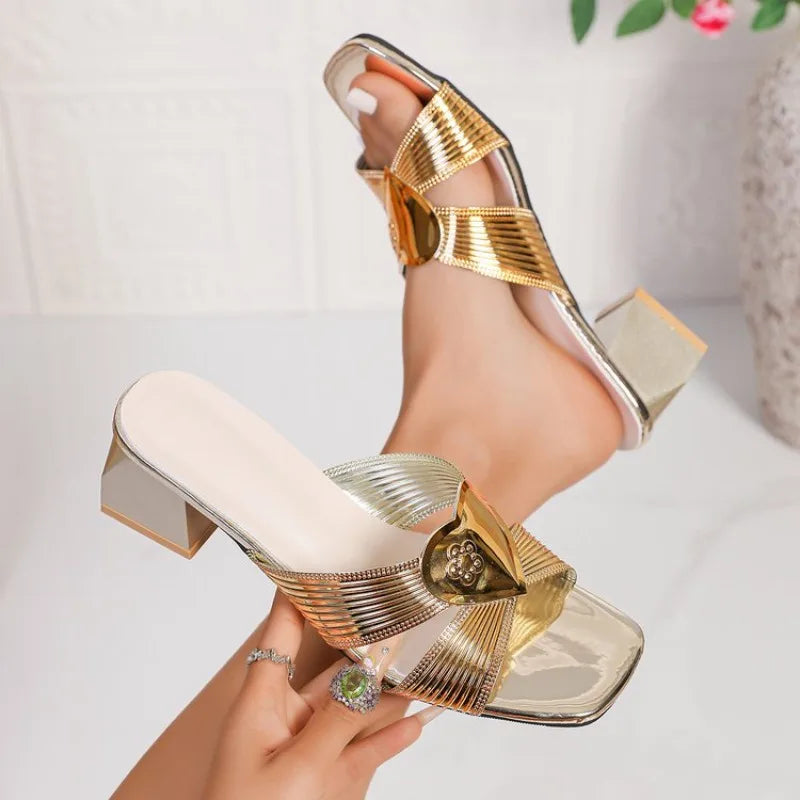 Gold Super High Heels Summen Women Sandals Designer Strange Hollow Heels Ladies Squared Toes Mules Slippers Plus