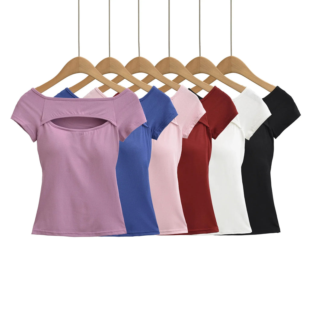 Korean Style Goddess Off-Shoulder Casual Elegant Sexy Hot Girl Top Women Hollow Out Short Sleeved Solid Color T-Shirt Charm 7O4B
