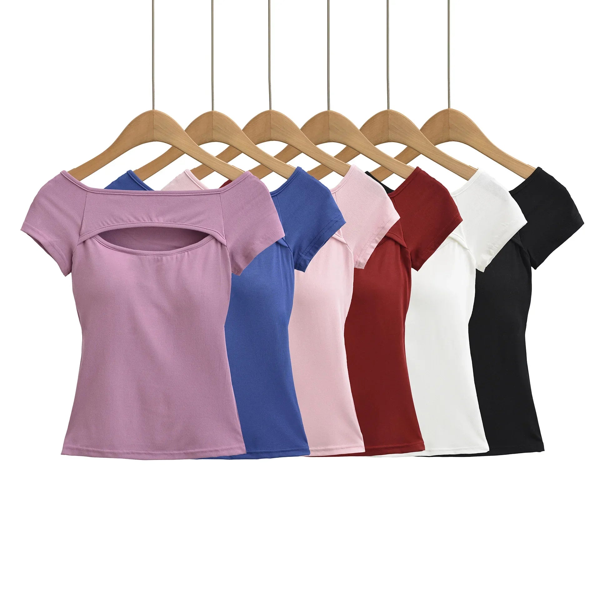 Korean Style Goddess Off-Shoulder Casual Elegant Sexy Hot Girl Top Women Hollow Out Short Sleeved Solid Color T-Shirt Charm 7O4B