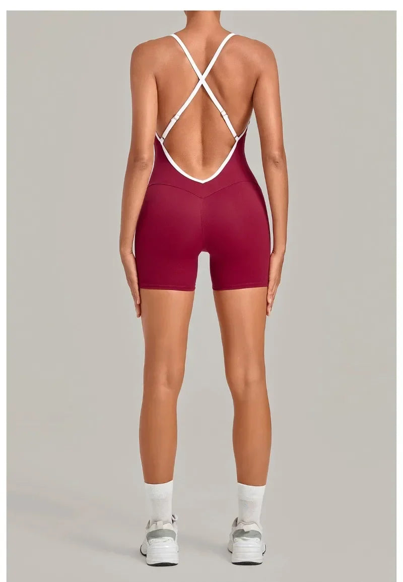 Women's Seamless Yoga Jumpsuits Fitness Sports Gym Hip-lifting Sleeveless One-piece Backless Workout Training Shorts Jumpsuit