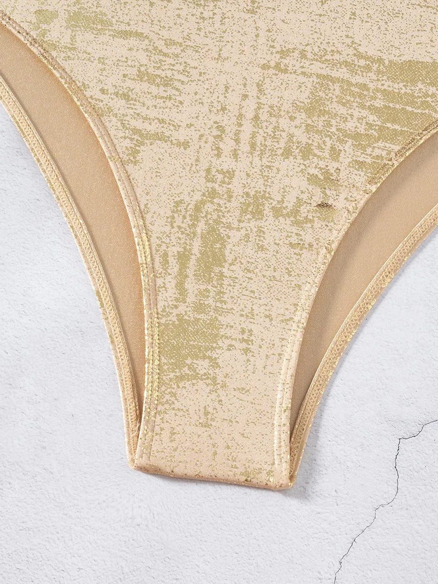 Golden Glitter Deep V Neck One Piece Swimsuit Women Swimwear Female Backless Monokini High Leg Cut Bathing Suit Swim Beachwear