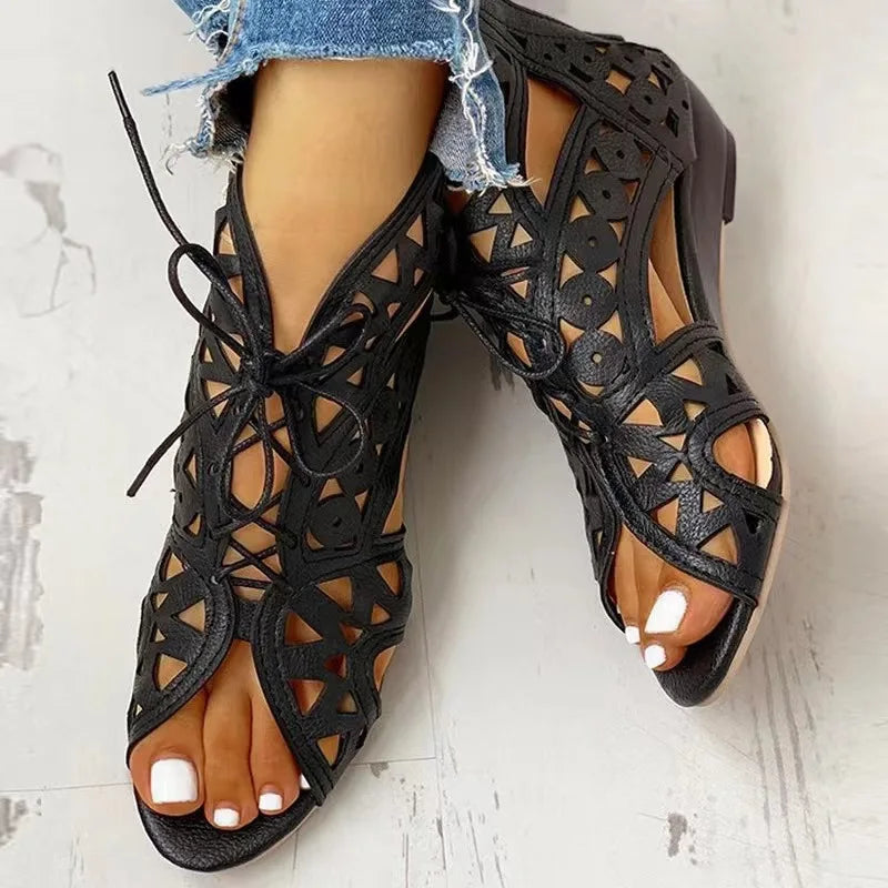 Wedge Sandals for Women 2023 Summer Shoes Fashion Lace Up Low Heel Flat Ladies Sandals Large Size Casual Hollow Out Sandalias