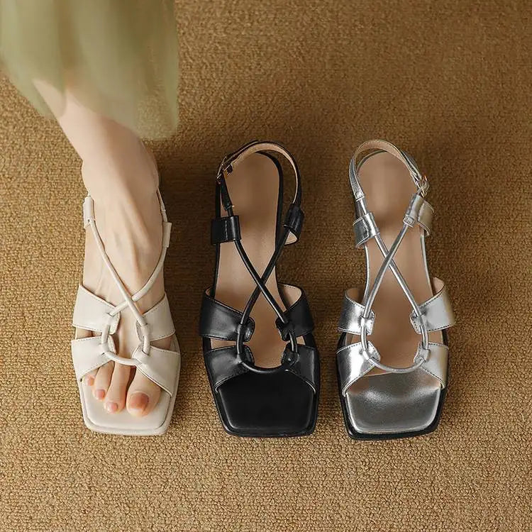 2026Summer New Model Fashion Middle Heeled Women's Sandals Black Buckle Open-toe Comfortable Hollow-out Women's Shoes High 3.5cm