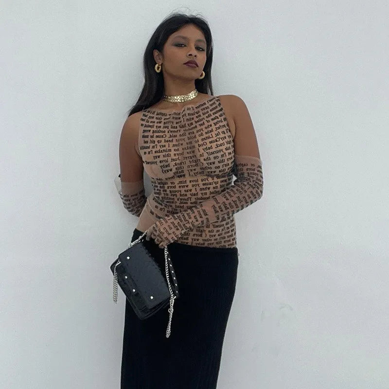 AHAgaga Sexy Tee T-shirt Women 2025 Summer Casual Letter Print Skinny See Through With Gloves Cropped Shirts Women Female Blusas
