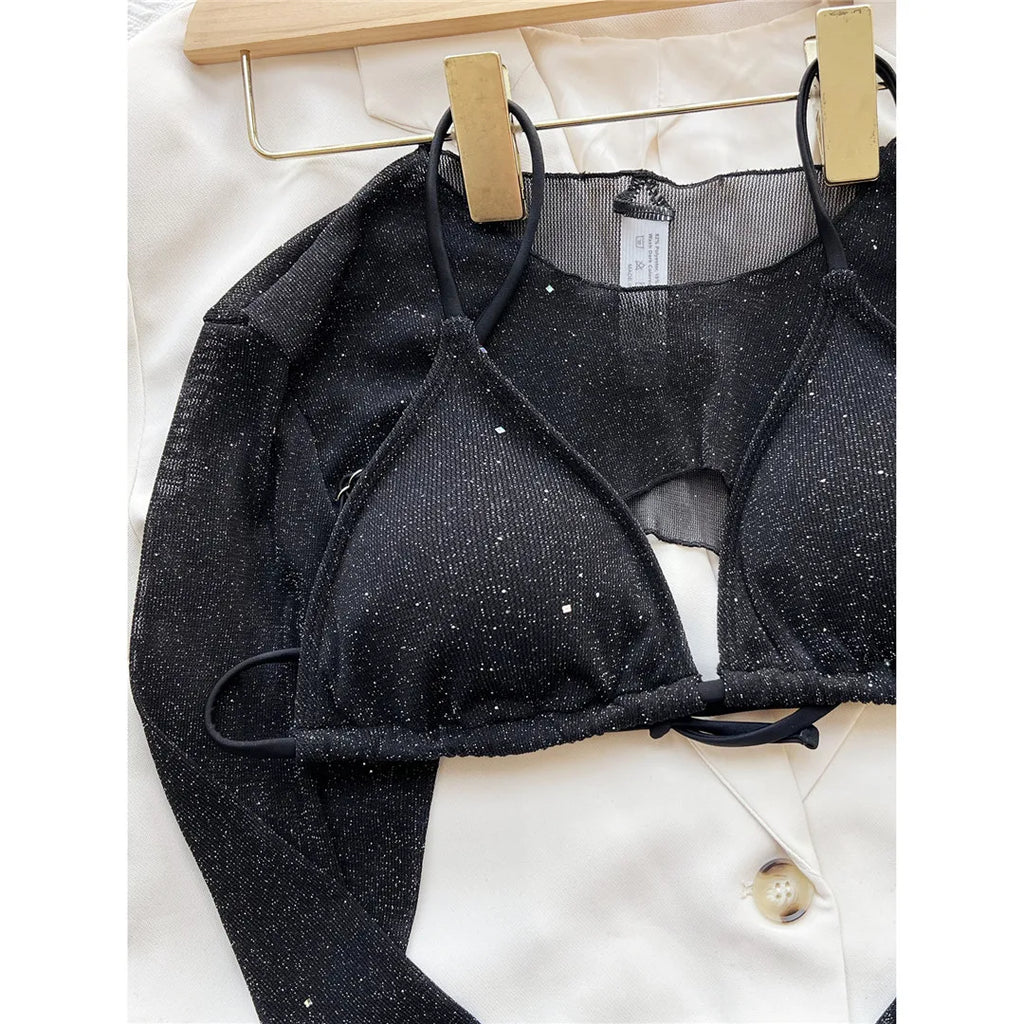 Sexy With Long Sleeves Cover Bling Bikini Female Swimsuit Women Swimwear Three-Pieces Bikini Set Bather Bathing Suit Swim V3711