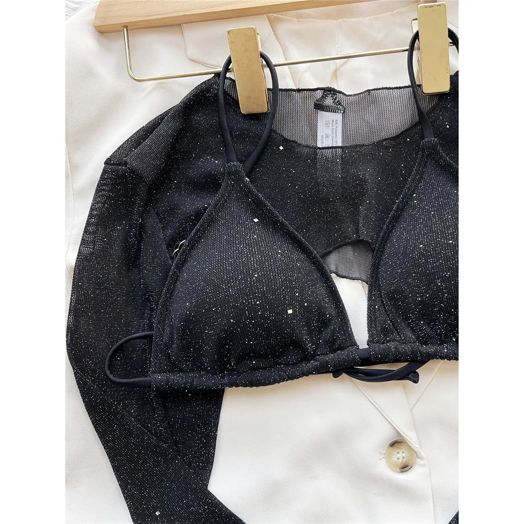 Sexy With Long Sleeves Cover Bling Bikini Female Swimsuit Women Swimwear Three-Pieces Bikini Set Bather Bathing Suit Swim V3711
