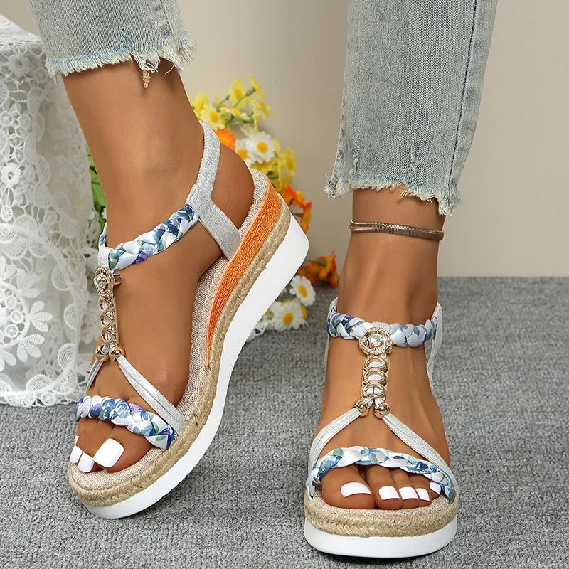 Fashion T-Strap Platform Sandals for Women New Mix Color Elastic Band Wedge Sandals Woman Summer Daily Open Toe Sandalias Female