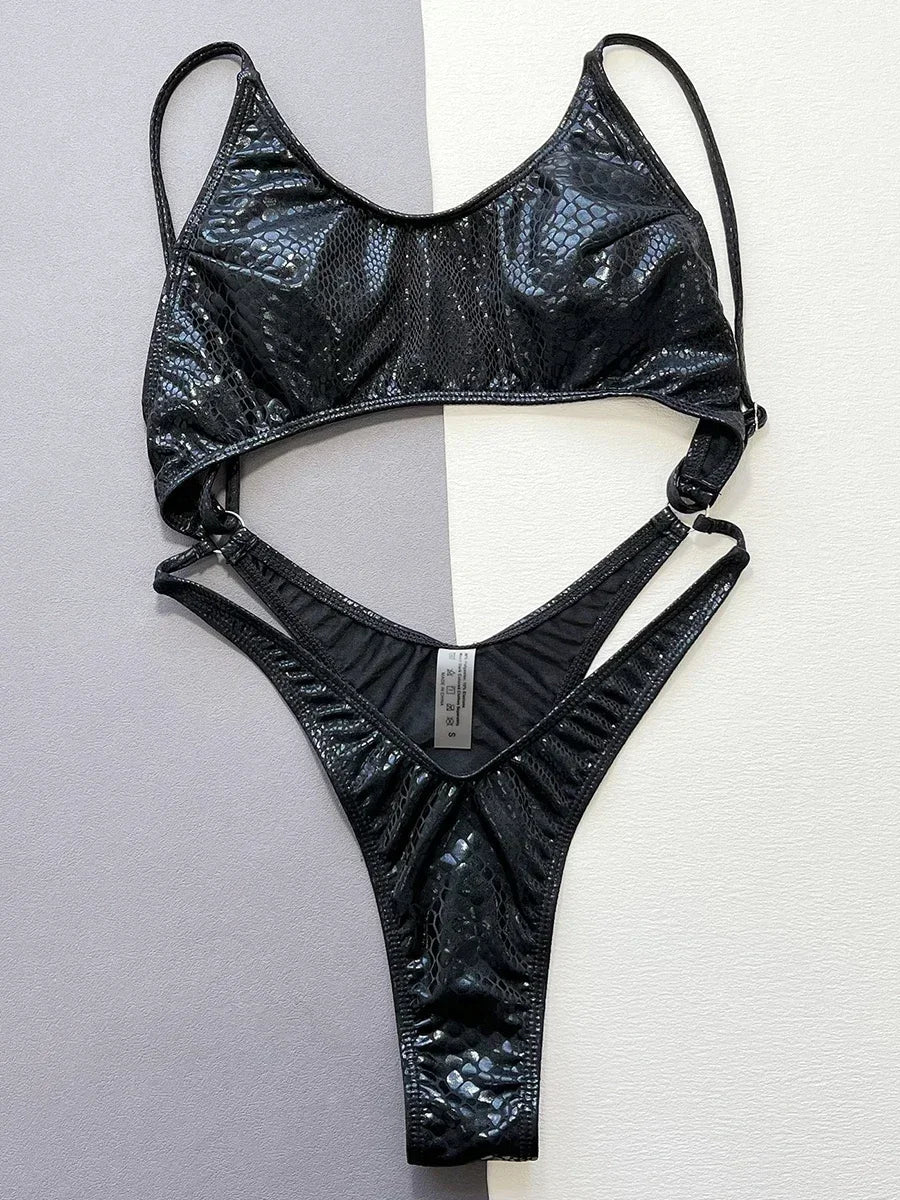 Snake Skin Tummy Cut Out Mini Mirco Thong One Piece Swimsuit Women Swimwear Female Monokini Backless Bathing Suit Swim Beachwear