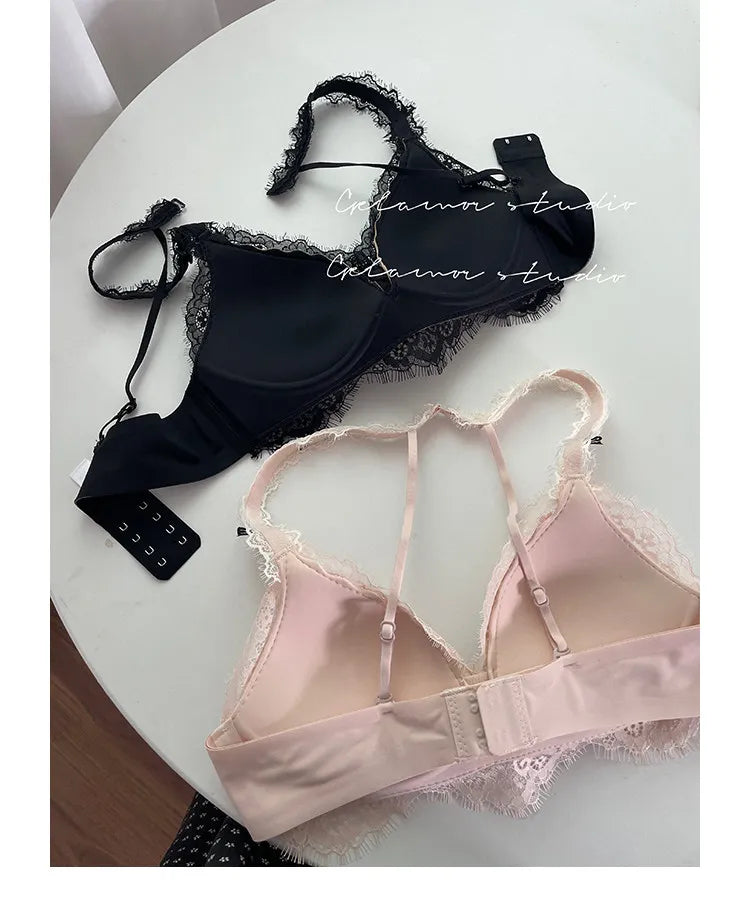 Elegant French Halter Neck Bra Set, Lace Wireless Bralette for Small Bust, Push Up Sensual Underwear Bralette & Panty MOYISU Bra