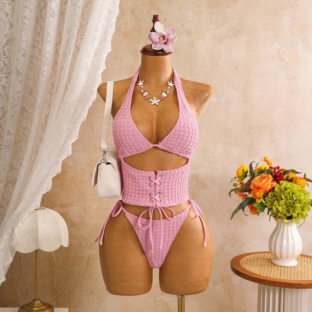 Sexy Pink Plaid Print Bikini Set 2026 Women Bandage Cross Fishbone Top 3 Piece Swimsuit Summer Bathing Suit Holiday Swimwear