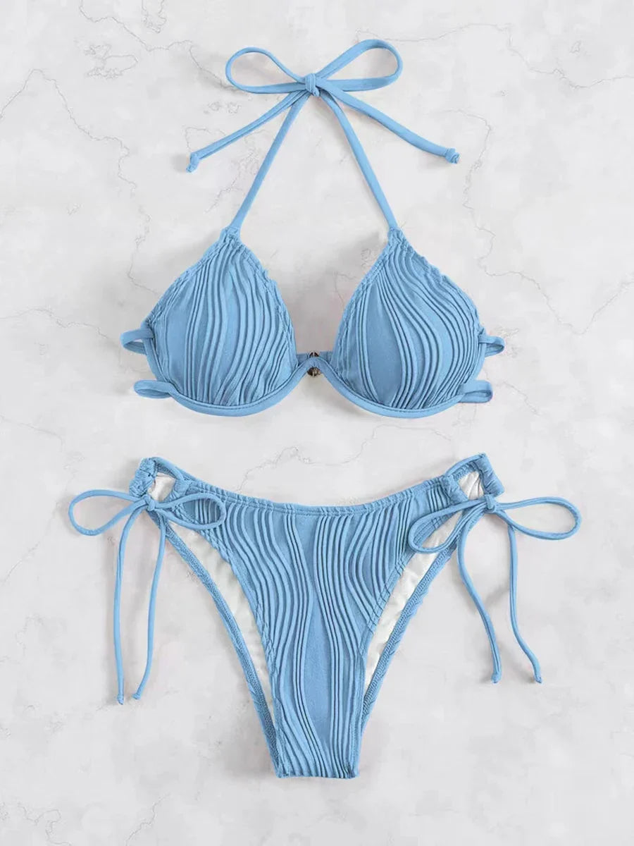 2026 Halter String Bikini Solid Push Up Swimsuit Women Sexy Swimwear Female Bathers Bathing Swimming Swim Suit Beachwear