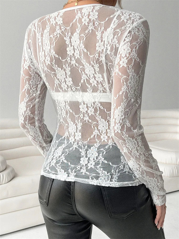 Women's Lace Floral T-shirts Long Sleeve O Neck See-through Slim Tops Spring Summer Autumn Shirts