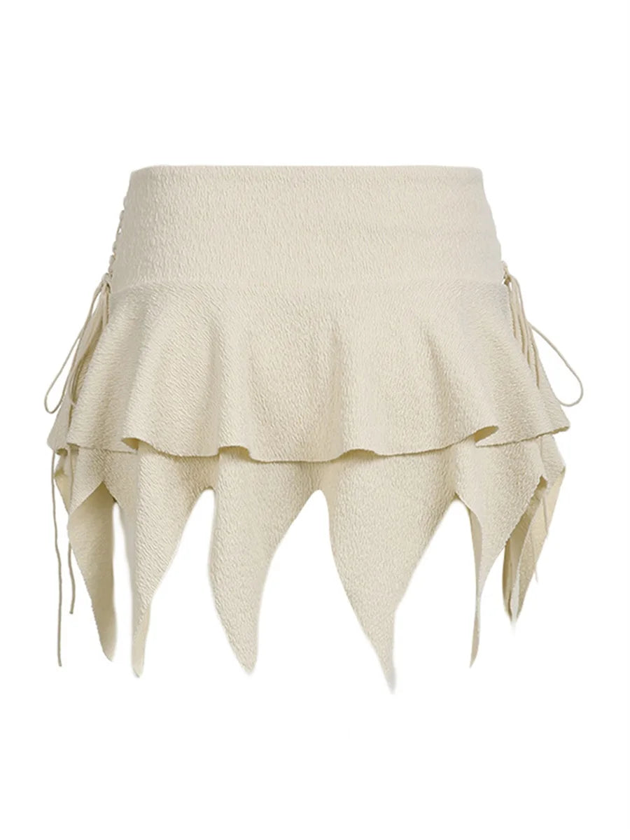 Summer Solid Color Gothic Mini Skirt Women Drawstring Elastic Band Short Y2K Skirt Irregular Hem Streetwear