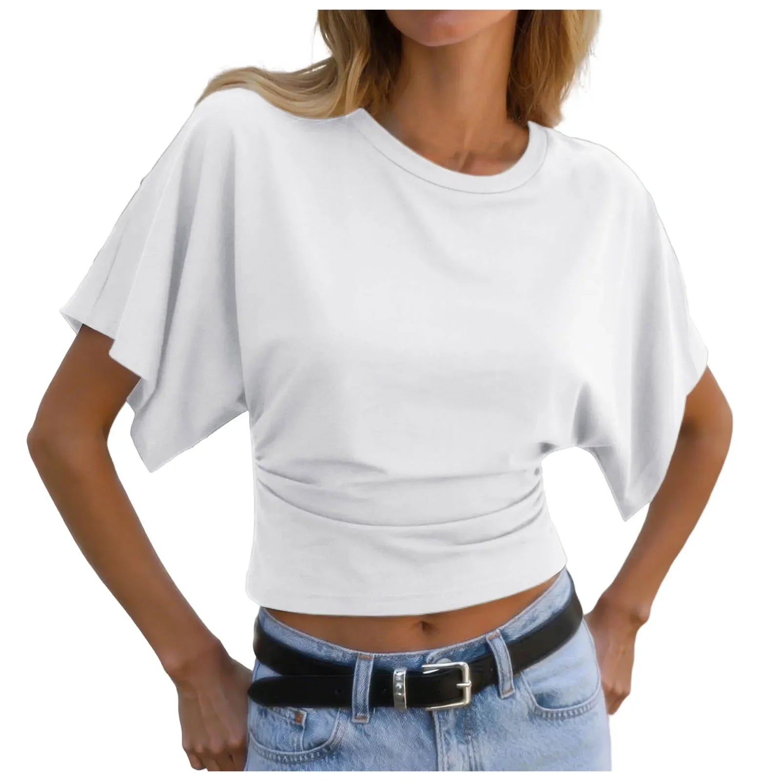 Y2k Solid Cotton O-Neck Ruched Waist Short Top Women Short-Sleeved Loose T-Shirt Causal All-Match Short Summer Basic T Shirts