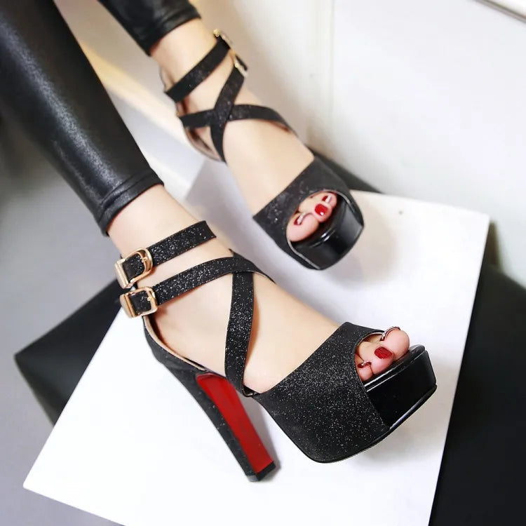 Women's Sandals Summer New Style Fashion Fish Mouth Open Toe Buckle Thick Heel High Heel Women's Shoes Plus Size 33-43 High 11cm
