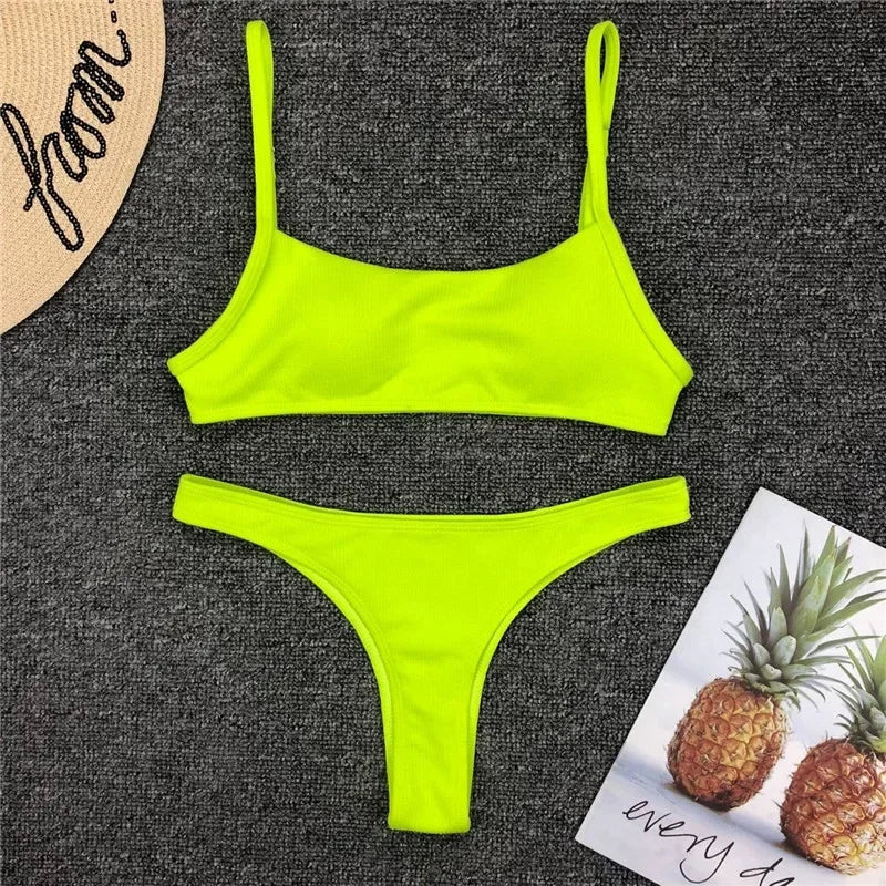 Sexy Neon Yellow Ribbed Brazilian Bikini Women Swimwear Female Swimsuit Two-pieces Bikini Set High Cut Bather Bathing Suit Swim