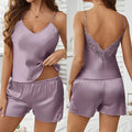 Summer Sexy Pajama Sets Backless Deep V Sleepwear Lace Satin Pajamas Set for Women Comfortable Short Sleeve Cami Shorts