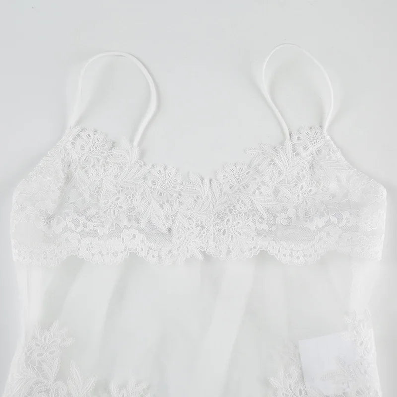 FDYOUI Sexy Lace Patchwork Mesh Long Dress Women Spaghetti Strap See-through Evening Party Dresses White Black Night Club Outfit