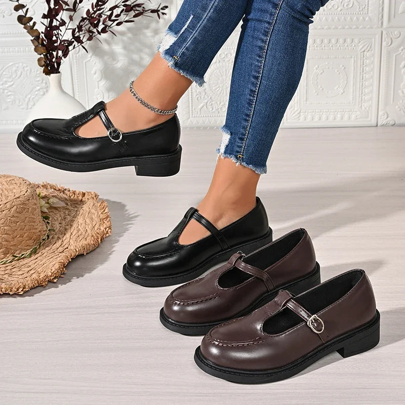 Vinatge T-Strap Med Heels Mary Jane Shoes Women Korean Buckle Strap Pu Leather Pumps Woman British Style Platfrom Student Shoes