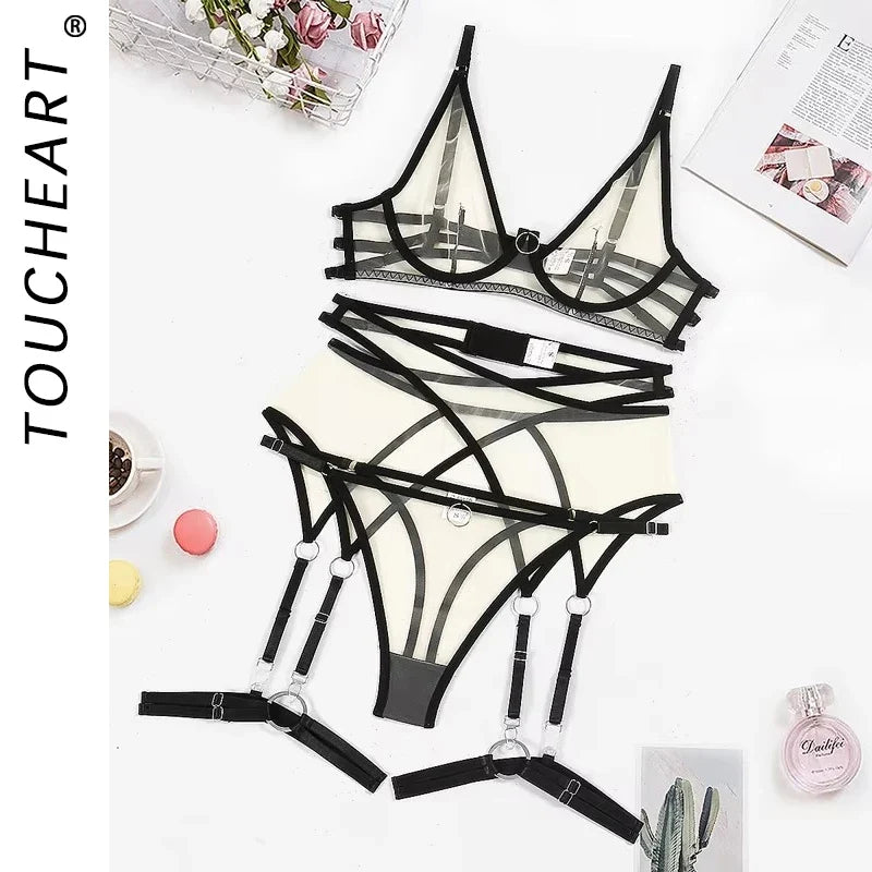 Toucheart 4 Piece Set Bra Set Nude See-Through Mesh Contrasting Color Hemmed Sexy Underwear For Women Girdle Garter Belt Suit