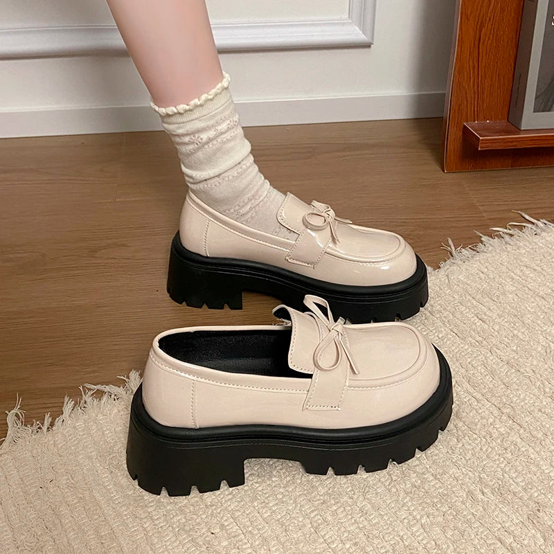 2025 Bowknot Decor Platform Loafers Women Fashion High Heel Jk Pu Leather Shoes Woman Korean Slip On Thick Sole Shoes Female