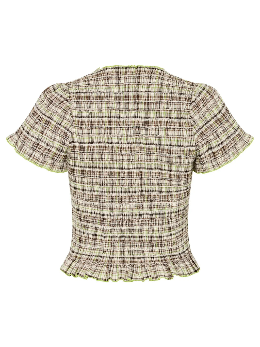 Women Casual Summer Plaid Print Shirred Tops Slim Mock Neck Short Sleeve Crop Ruffle T-shirts Streetwear
